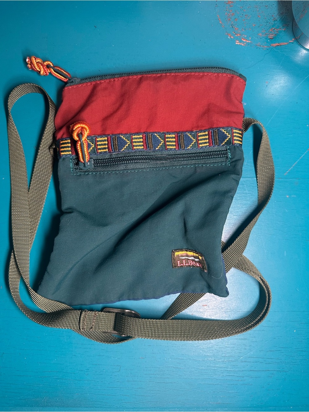 L.L. Bean Red and Dark Green Pattern-Trim Crossbody Belt Bag Small